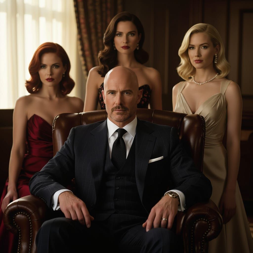 Bald Man Surrounded by Women, Cinematic Film Still