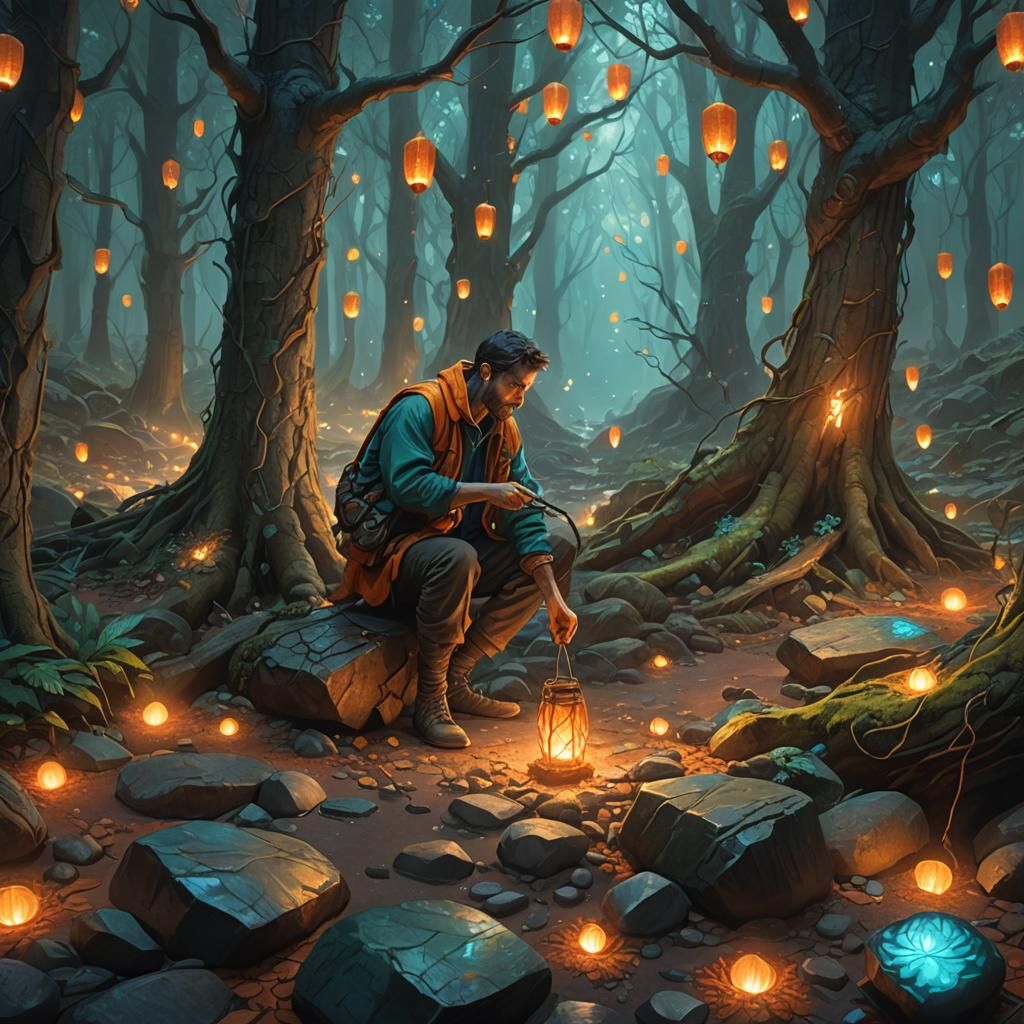 Mystical Forest: Man Gathering Stones in Digital Art