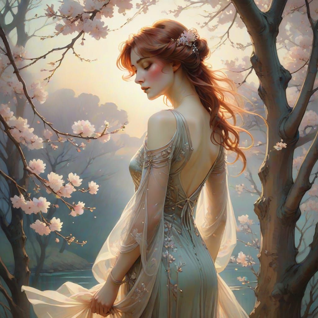 Art Nouveau Solitary Figure Under Sakura Tree