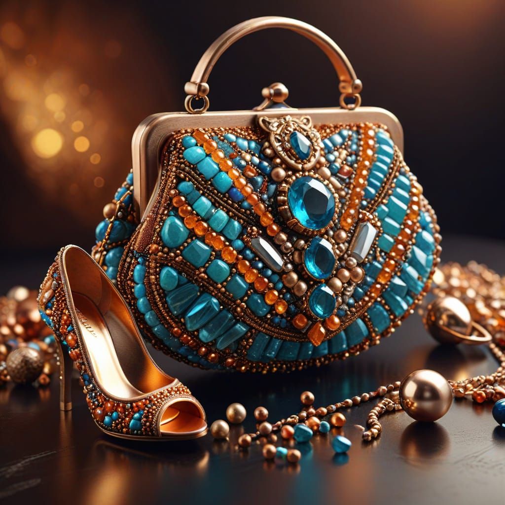 Luxury Beaded Purse and Heels Still Life