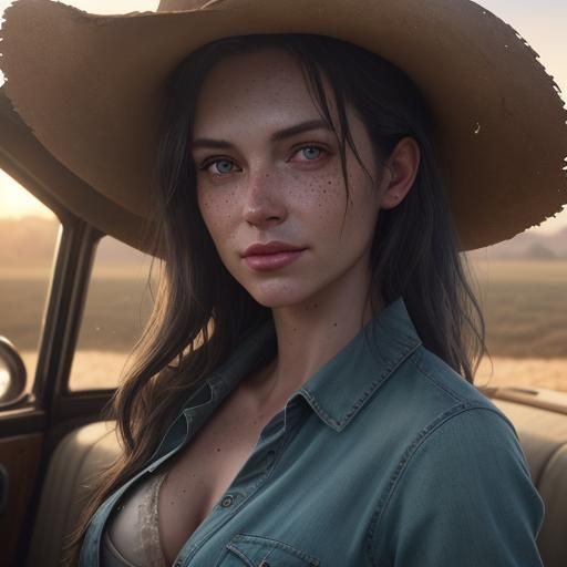 American Cowgirl with Shotgun on Farm at Sunset