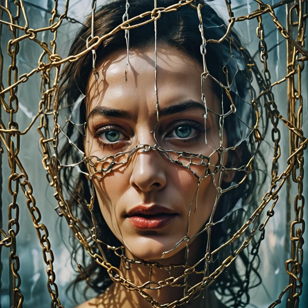 Surreal Woman Trapped Behind Cage in Dreamy Light