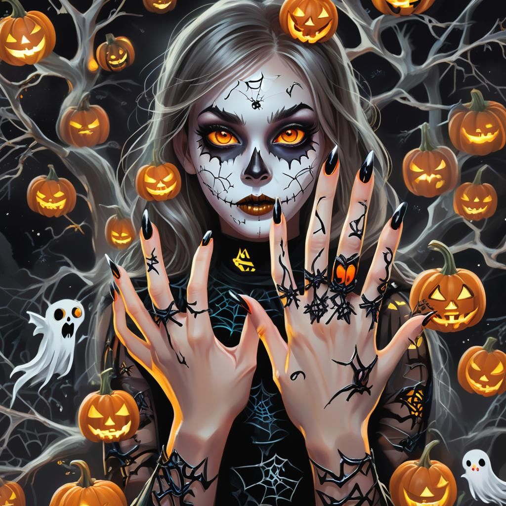 Halloween Costume Girl Shows Off Spooky Neon Nails