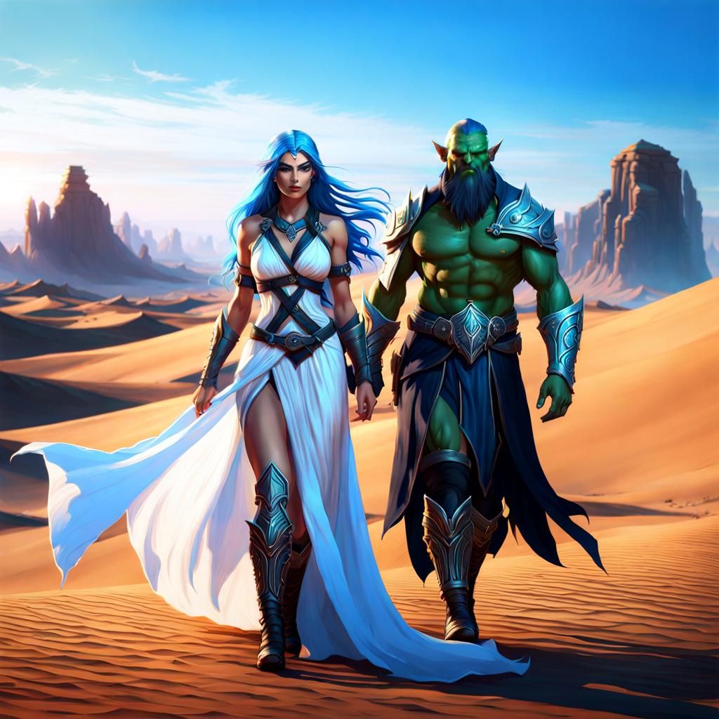 Elf Sorceress and Orc Warrior in Desert Landscape