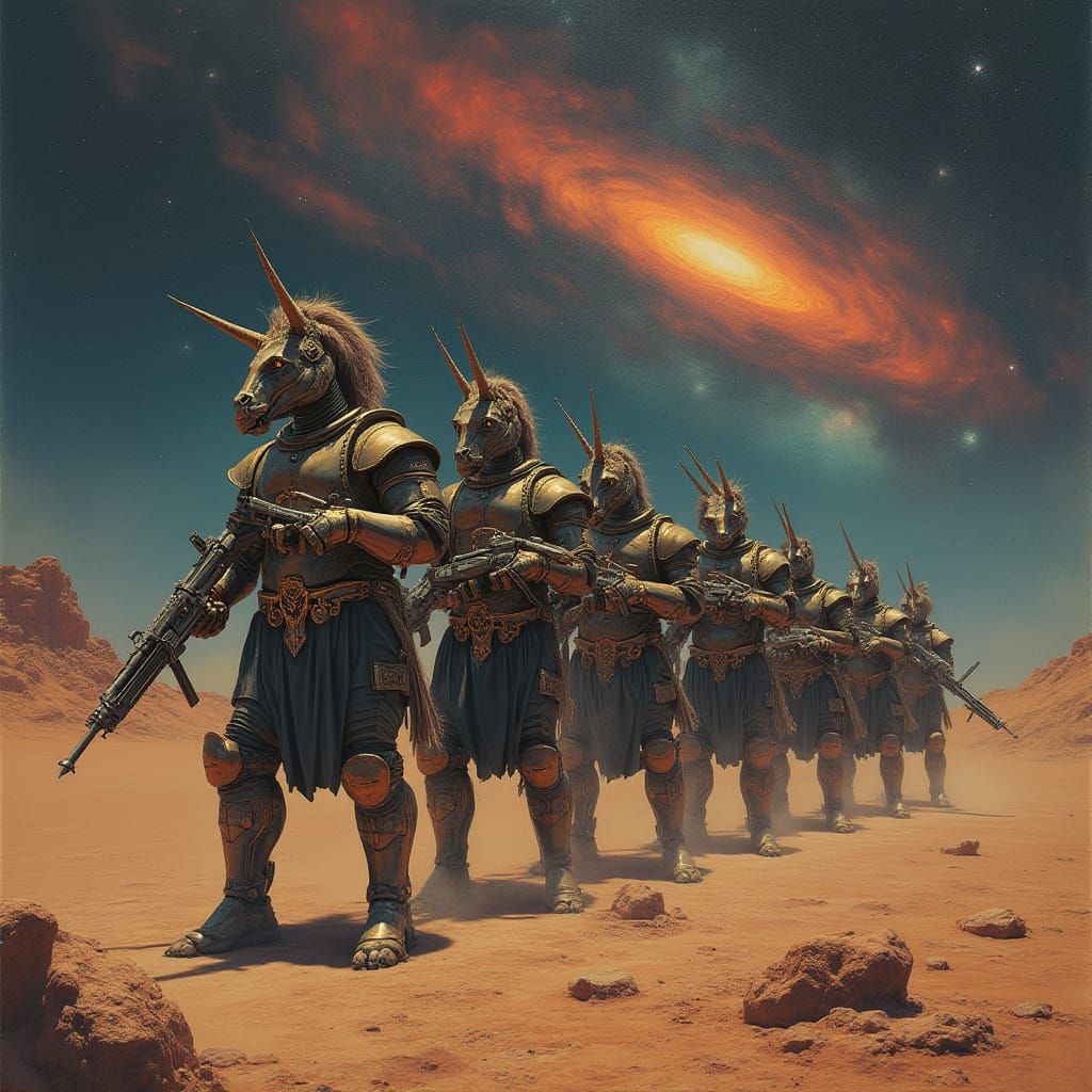 Unicorn Hoplites on Post-Apocalyptic Planet as Surreal Art