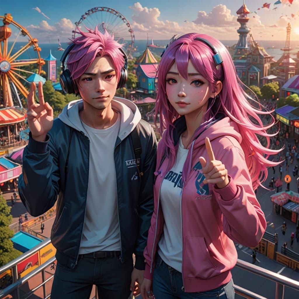 Anime Couple Soars at Amusement Park in Vibrant, 8K Masterpi...