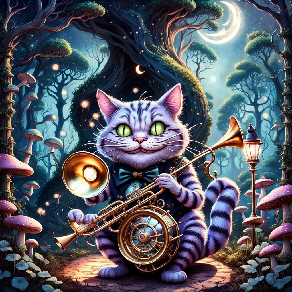 Steampunk Cheshire Cat Trombone in Enchanted Forest