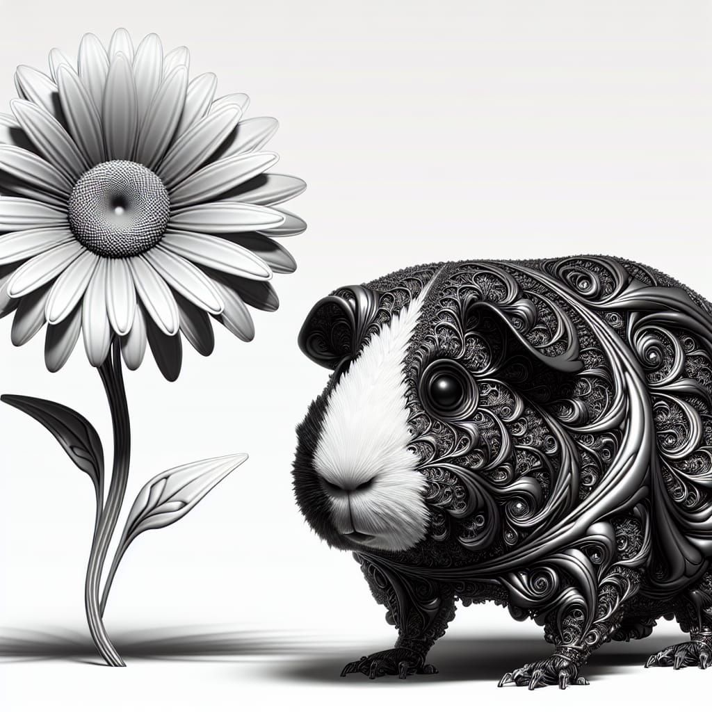 Robotic Guinea Pig with Metal Daisy: Zentangle Vector Art