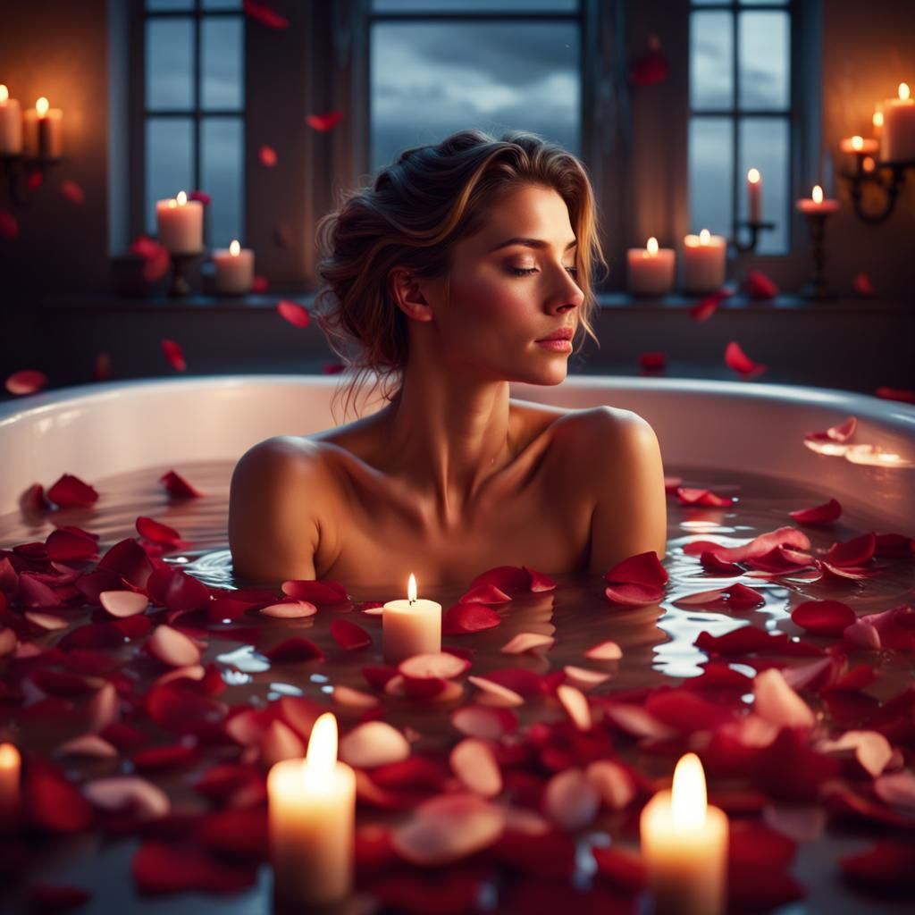 Woman in Rose Petal Bath: Maximalist Digital Art