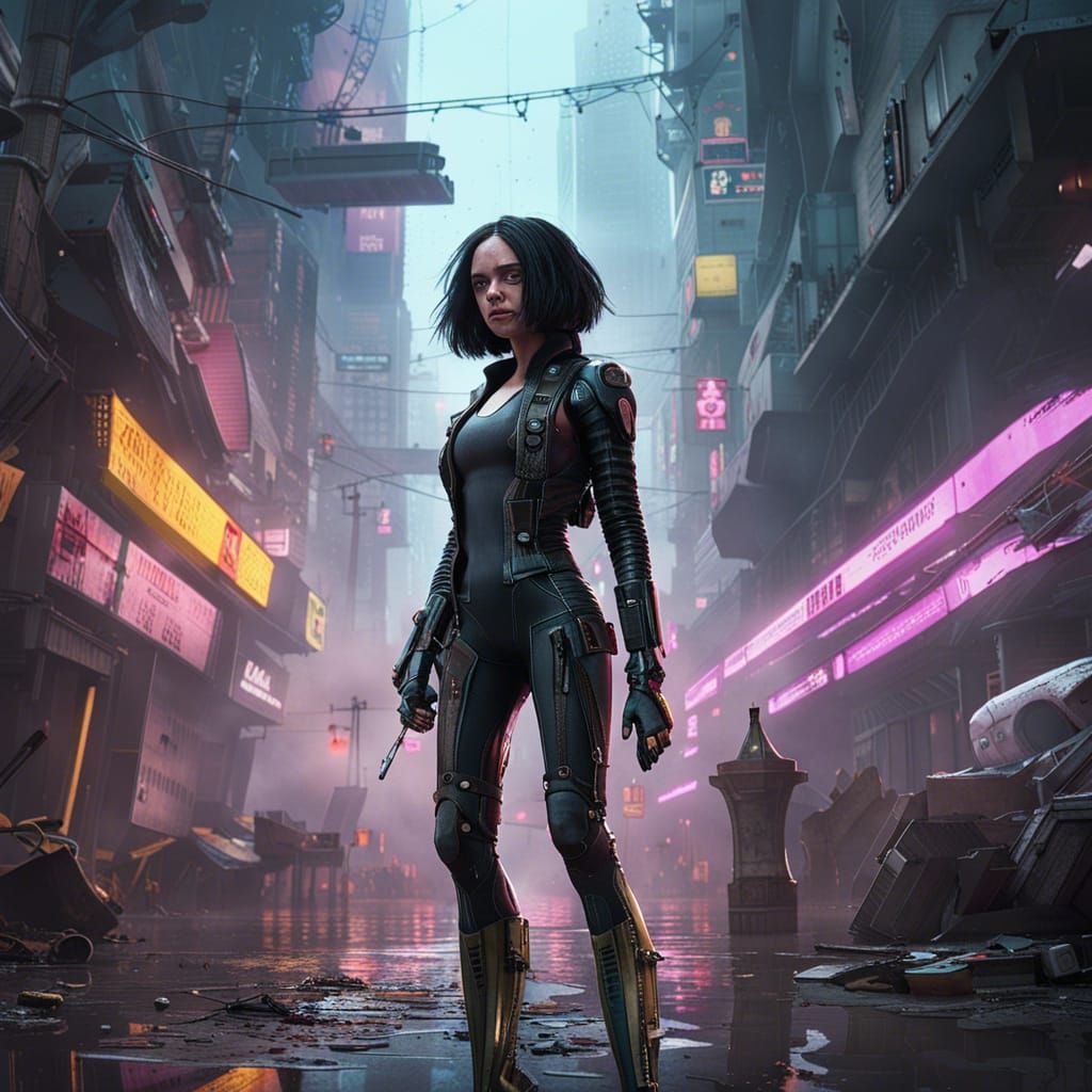 Alita Battles Mutant in Cyberpunk Cityscape