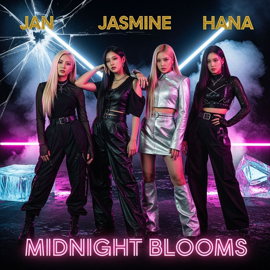 Midnight Blooms: K-Pop Group in Hyper-Realistic Photo