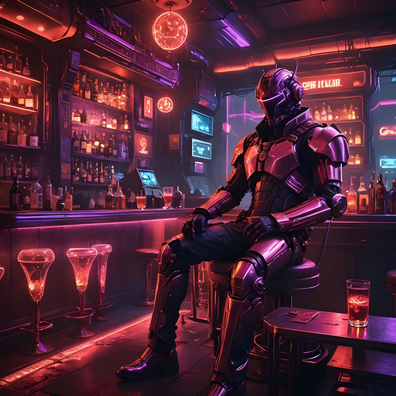 Cyberpunk Space Cowboy in Neon Lounge