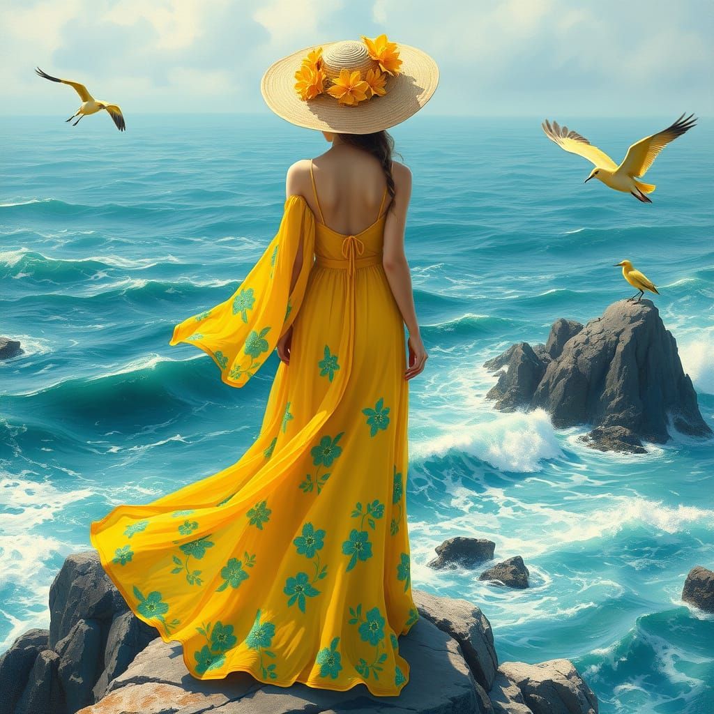 Goddess Overlooking the Sea in Art Nouveau Style