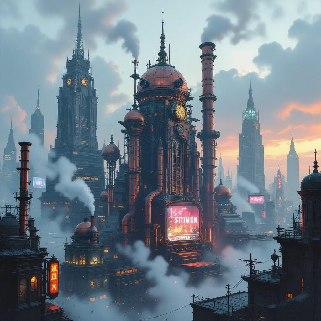 Dieselpunk Metropolis with Copper Filigree and Steam Pipes