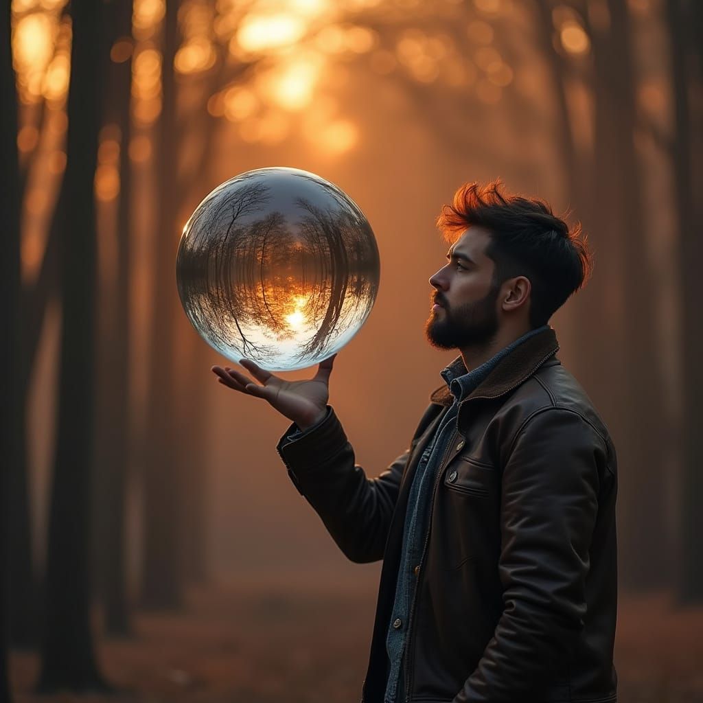 Man Gazing at Forest Reflection Orb at Sunset