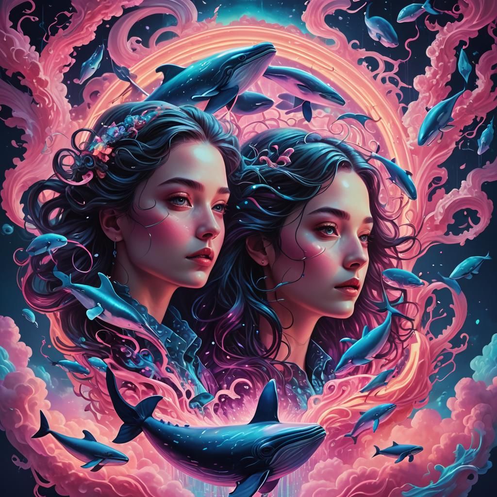 Surreal Baroque Whales in Neon Sky