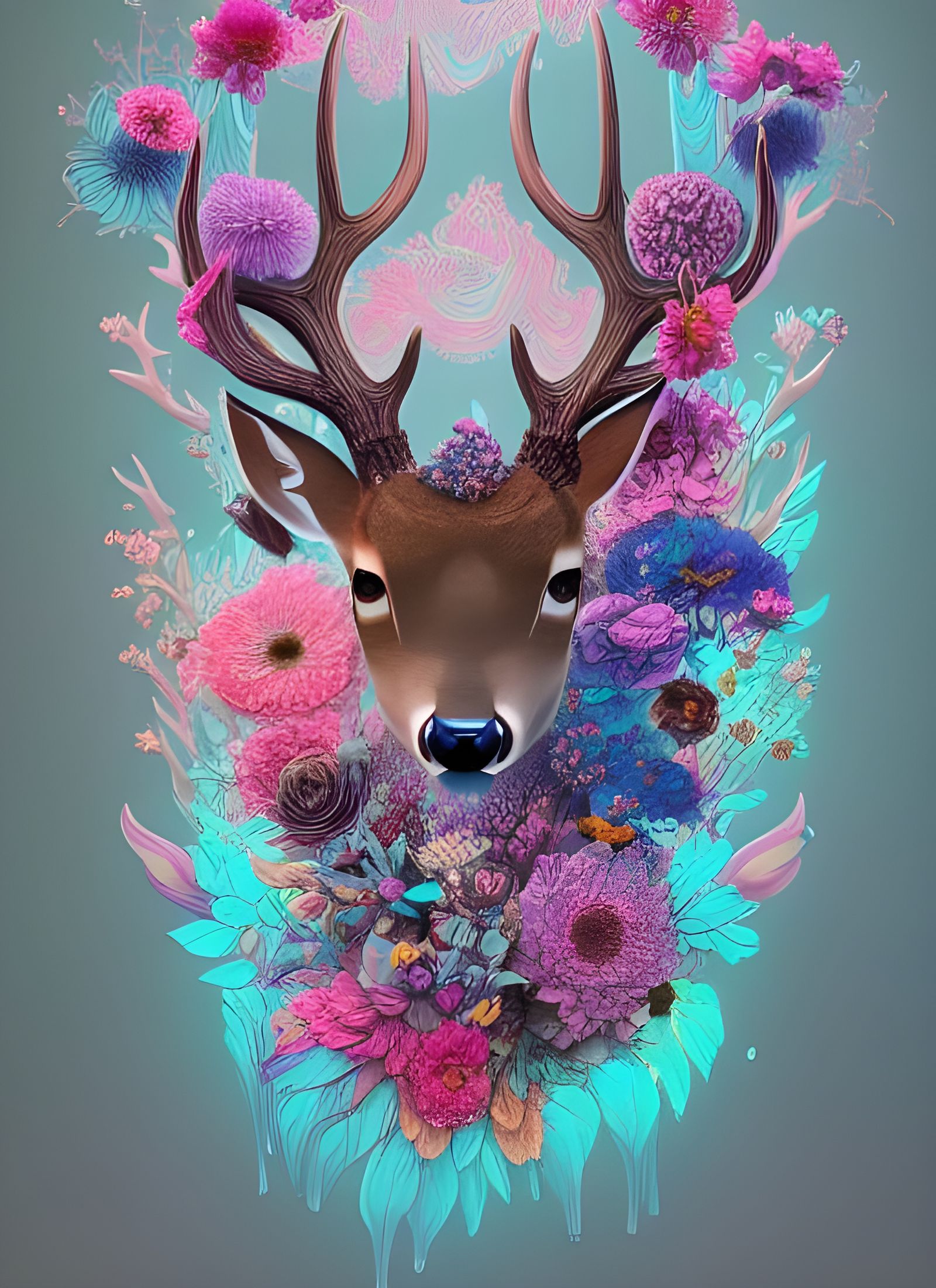 Floral Deer: Hyperrealistic Acrylic Rendering