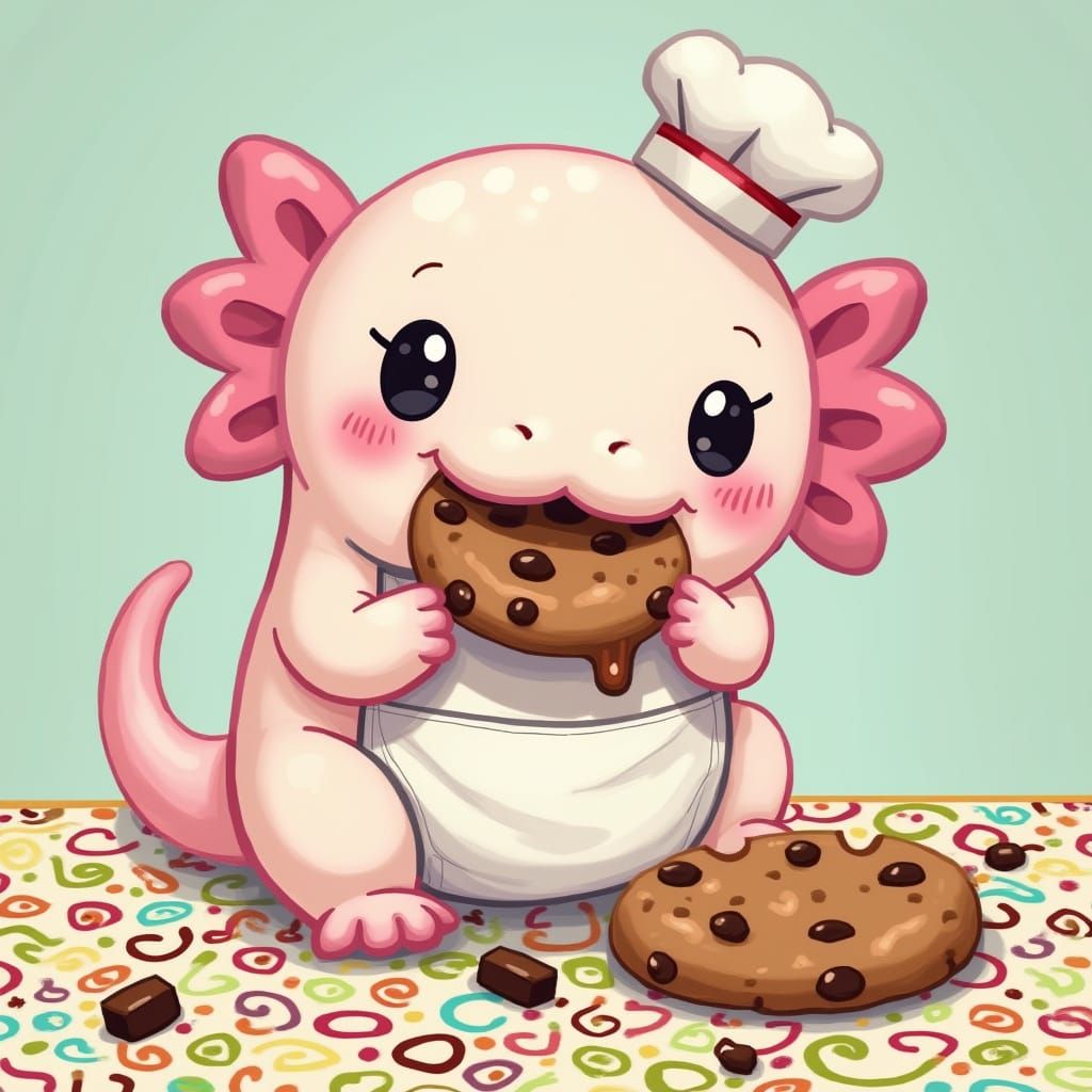Kawaii Axolotl Enjoying a Warm Cookie