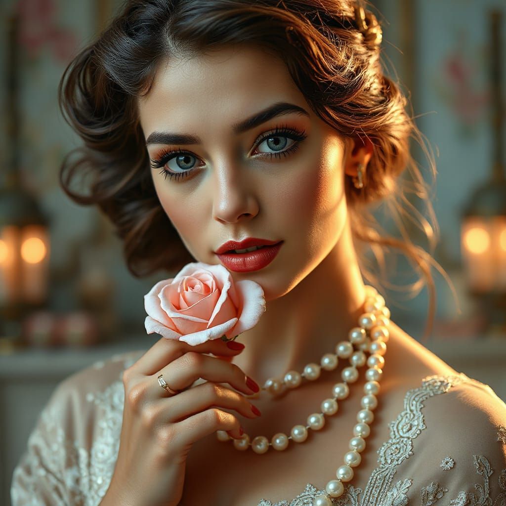 Elegant Woman with Pearls and Rose, Cinematic Lighting