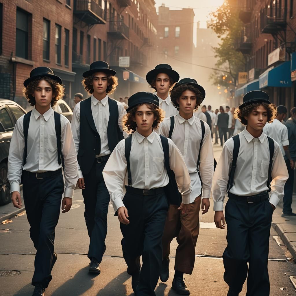Hasidic Boys Walking in Brooklyn Street, Matte Painting