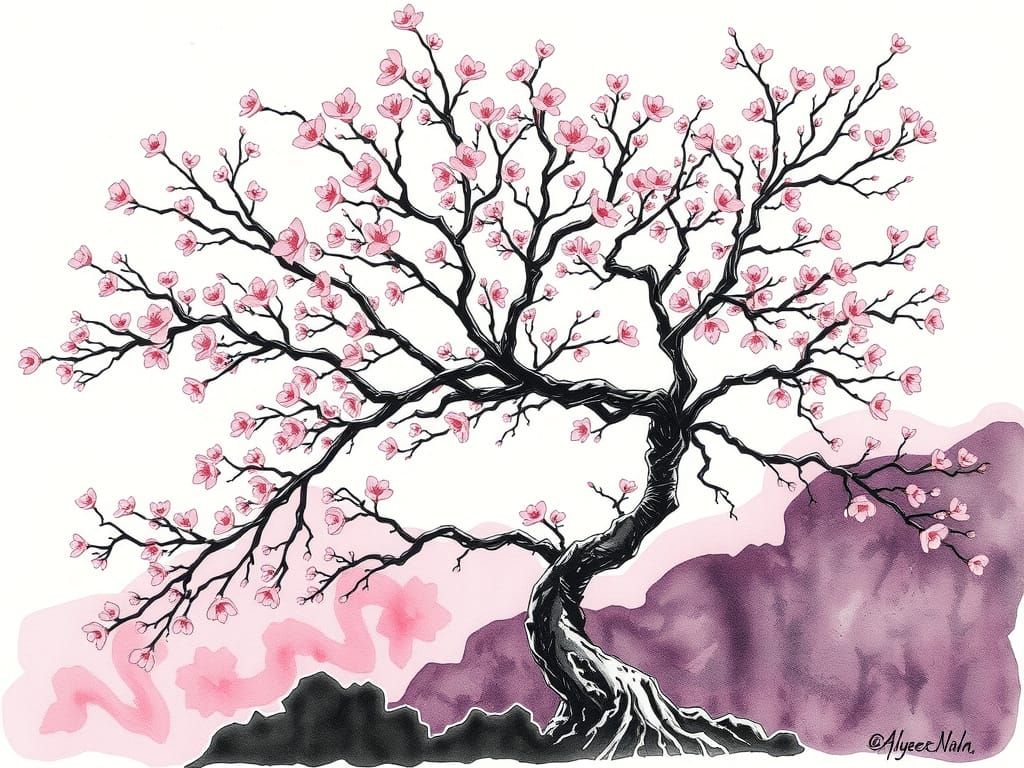 Intricate Sakura Tree with Fractal Branches in Pen and Ink
