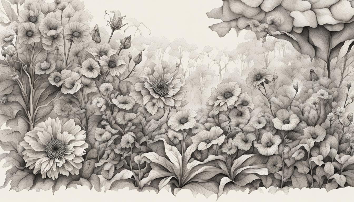 Detailed Botanical Ink Illustration of Flowers