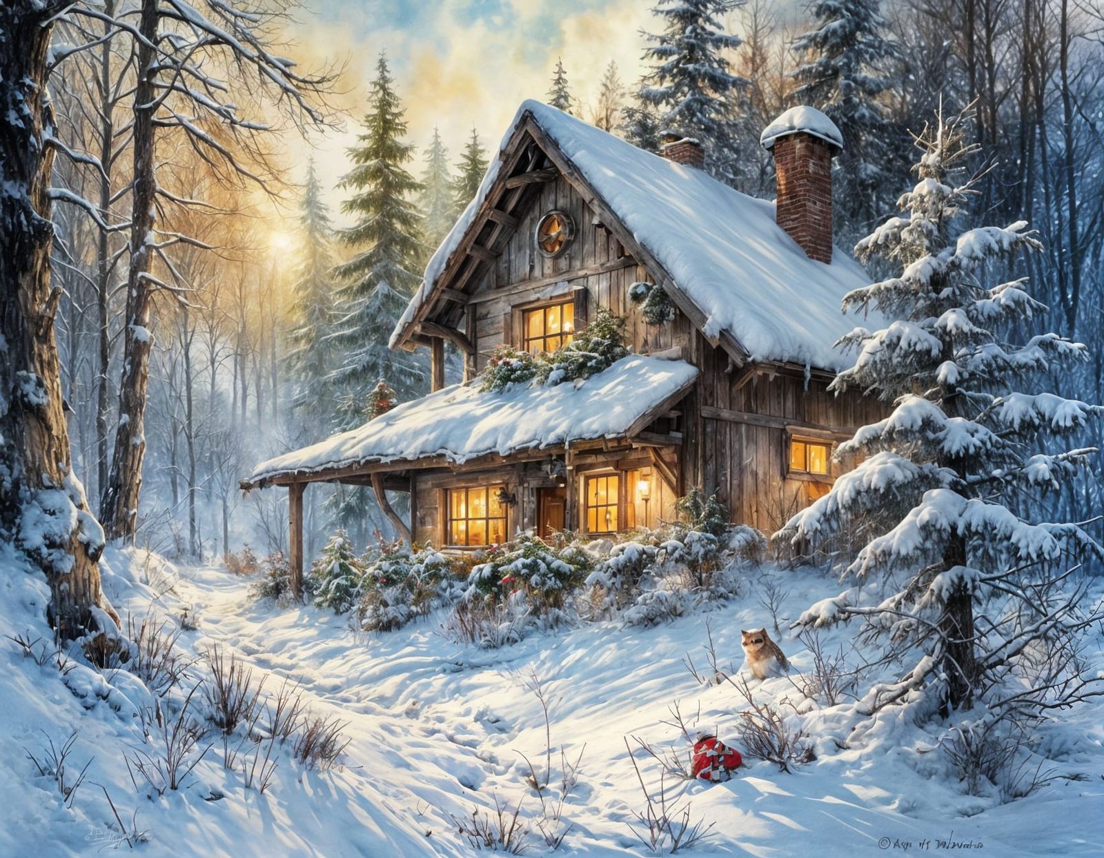 Cozy Christmas Winter Scene with Mouse and Owl