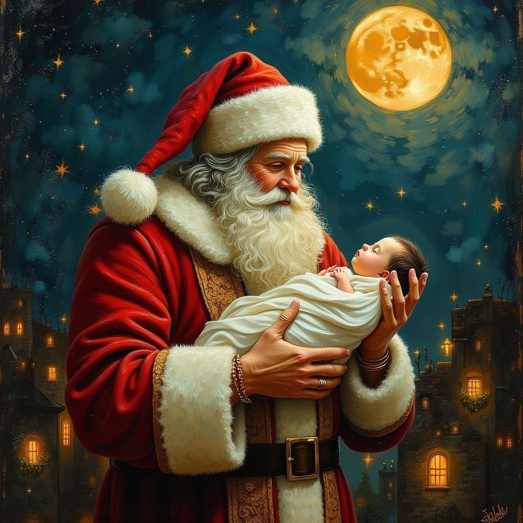 Vibrant Santa Claus Holds Newborn Jesus in Richly Textured C...
