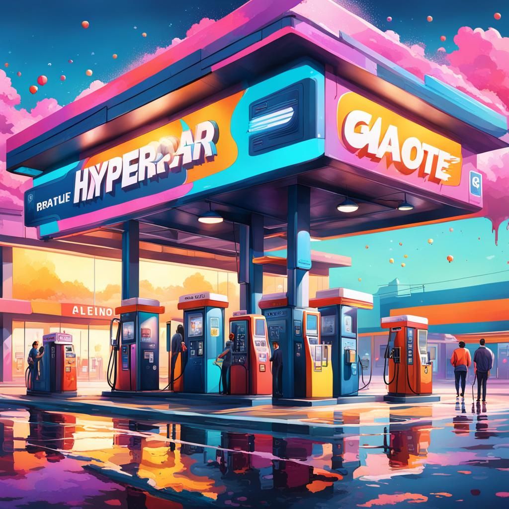 Magical Gas Station Filling Minds: Hyperrealistic Splash Art