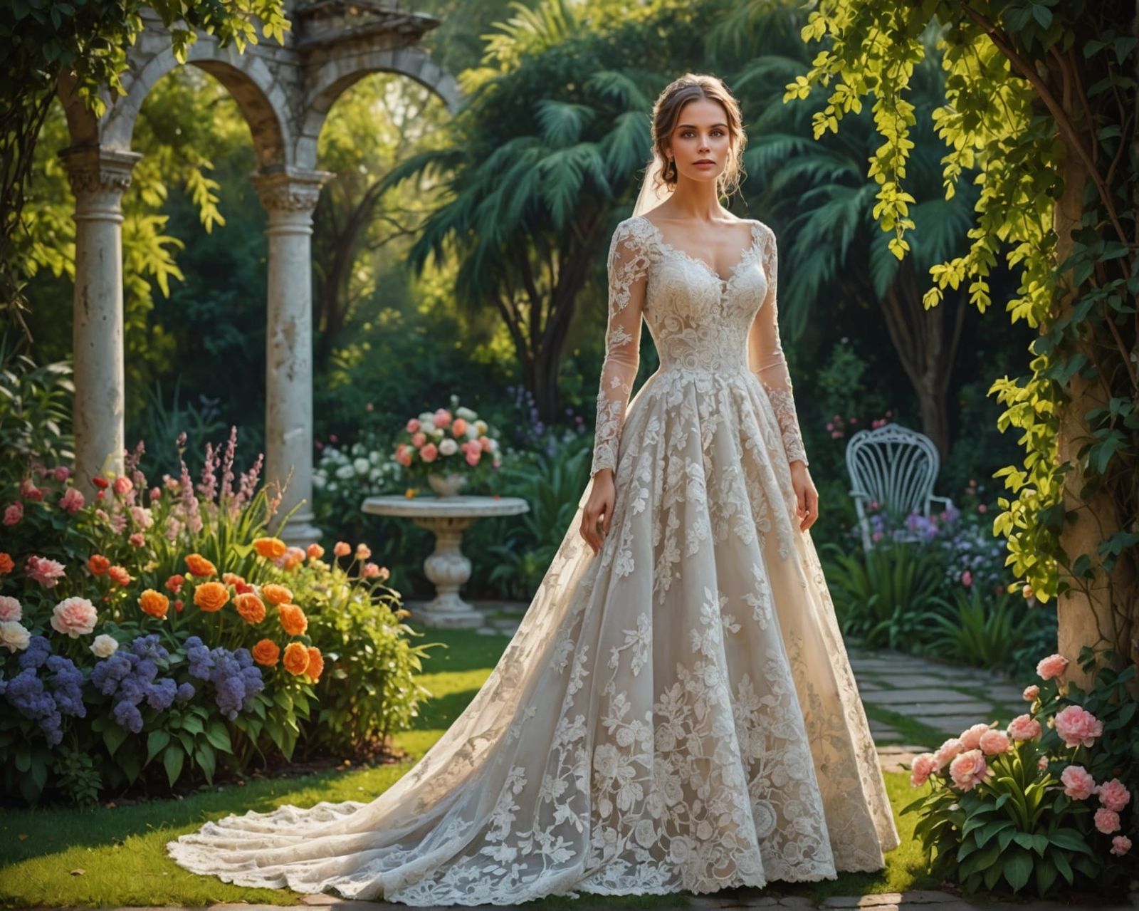 Hyperrealistic Oil Painting of Bride in Lace Garden