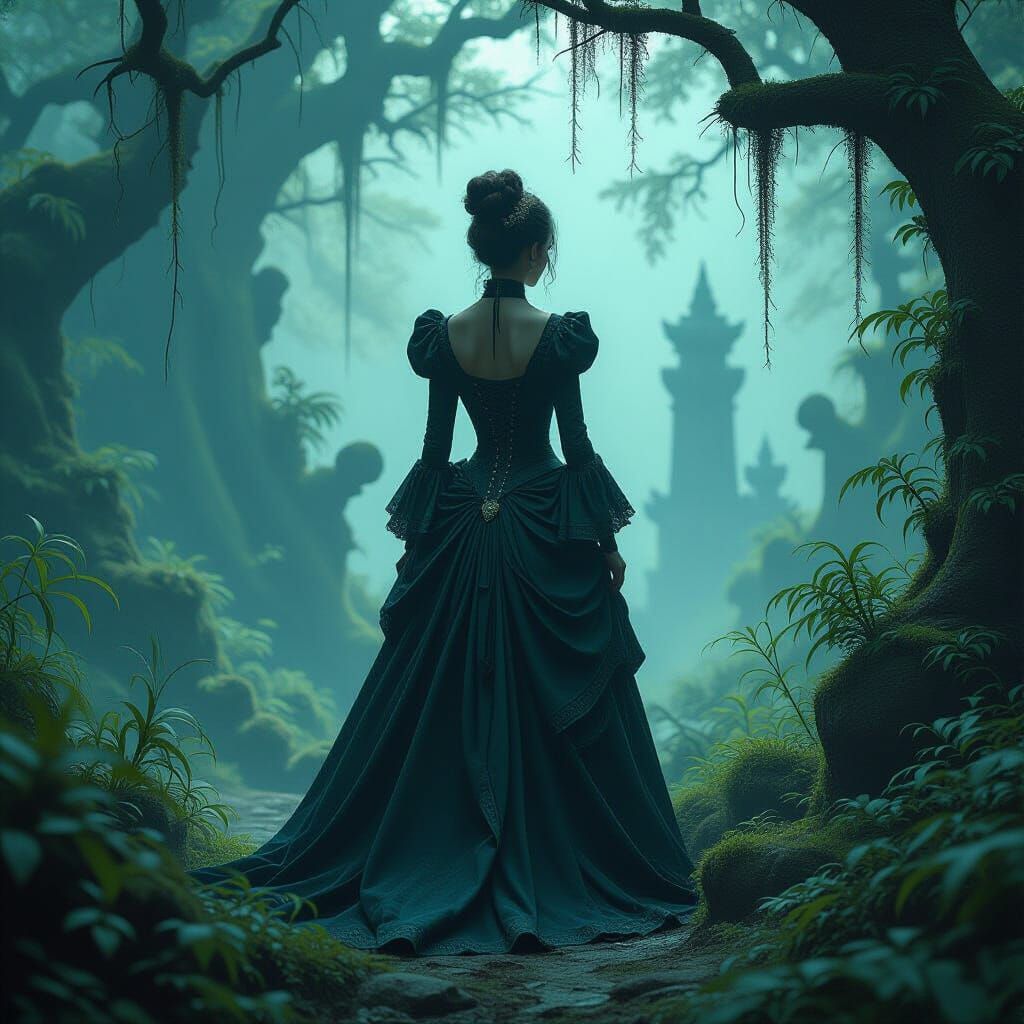 Victorian Woman in Mystical Forest, Dreamlike Lighting