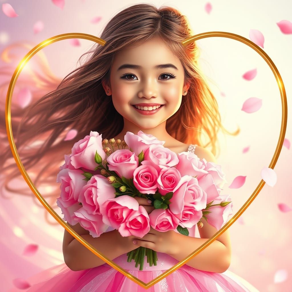 Girl with Roses in Dreamy Heart-Shaped Frame