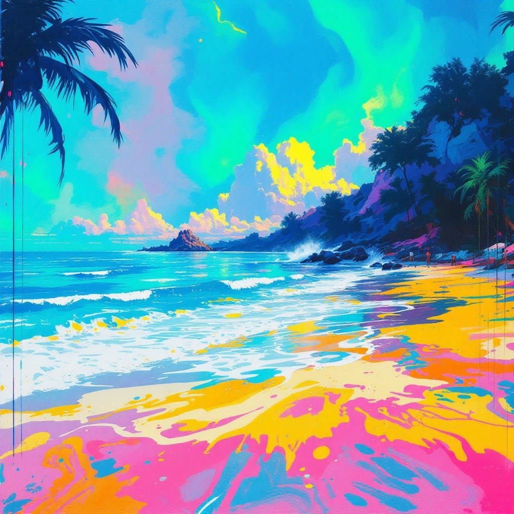 Vibrant Graffiti Beach Scene in Futuristic Style