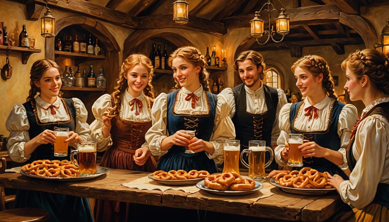 Traditional Bavarian Tavern Scene in Golden Light