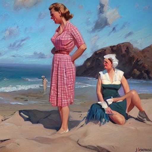 1950s West Coast Women, Oil Painting