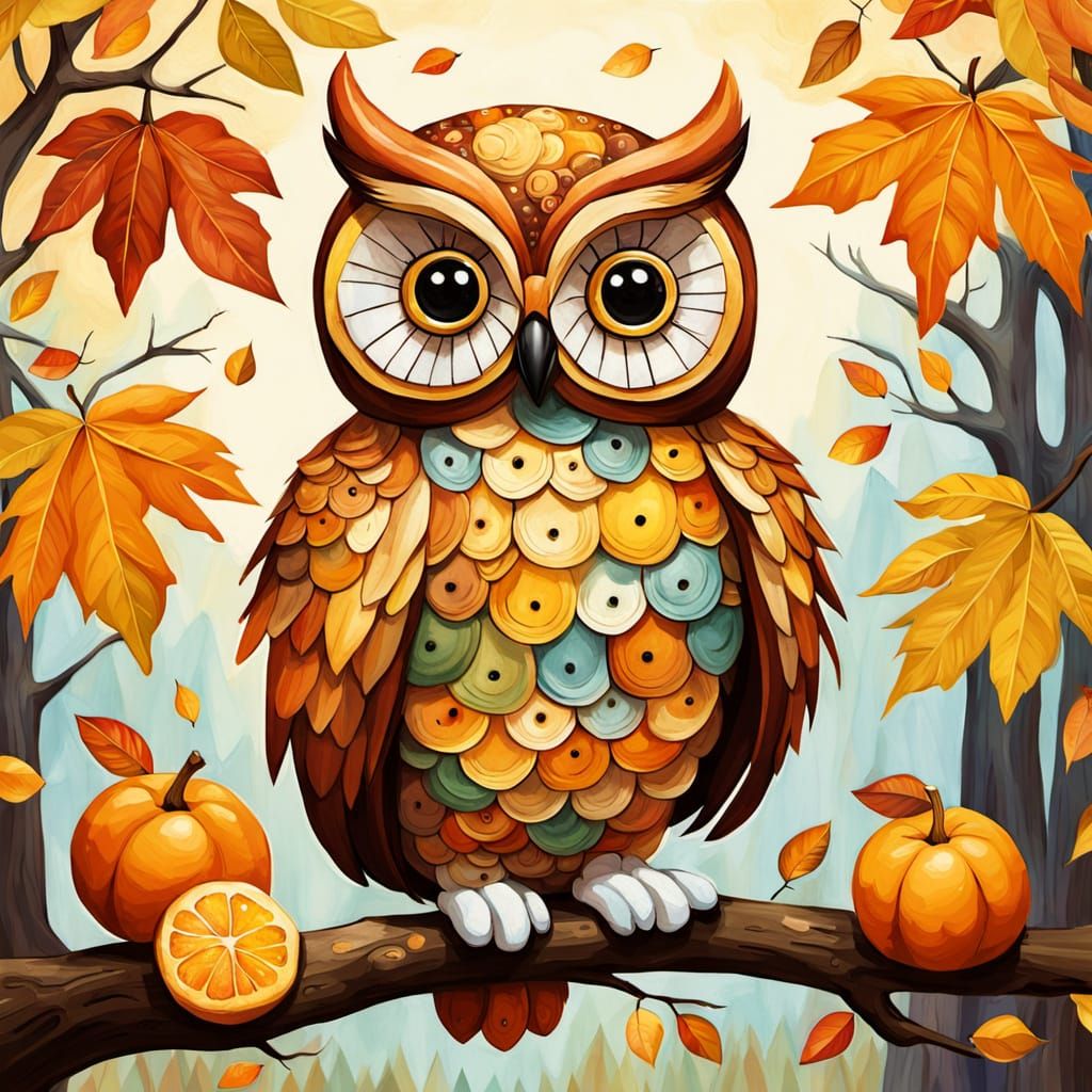 Charming Patchwork Owl in Golden Hour Autumn Scene