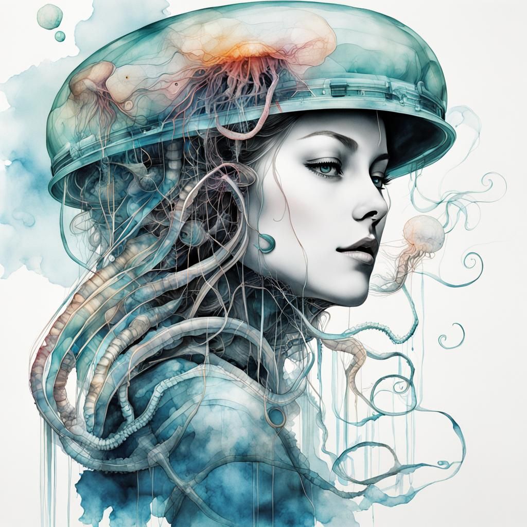 Biopunk Bionic Jellyfish Woman in Alcohol Ink Style