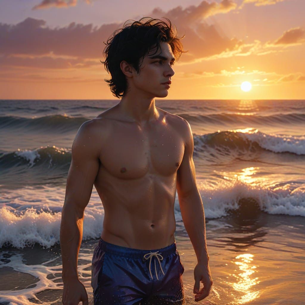 Teenage Boy at Golden Hour Ocean Sunset