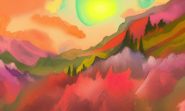 Neon Pink Trees in Gouache Style Landscape