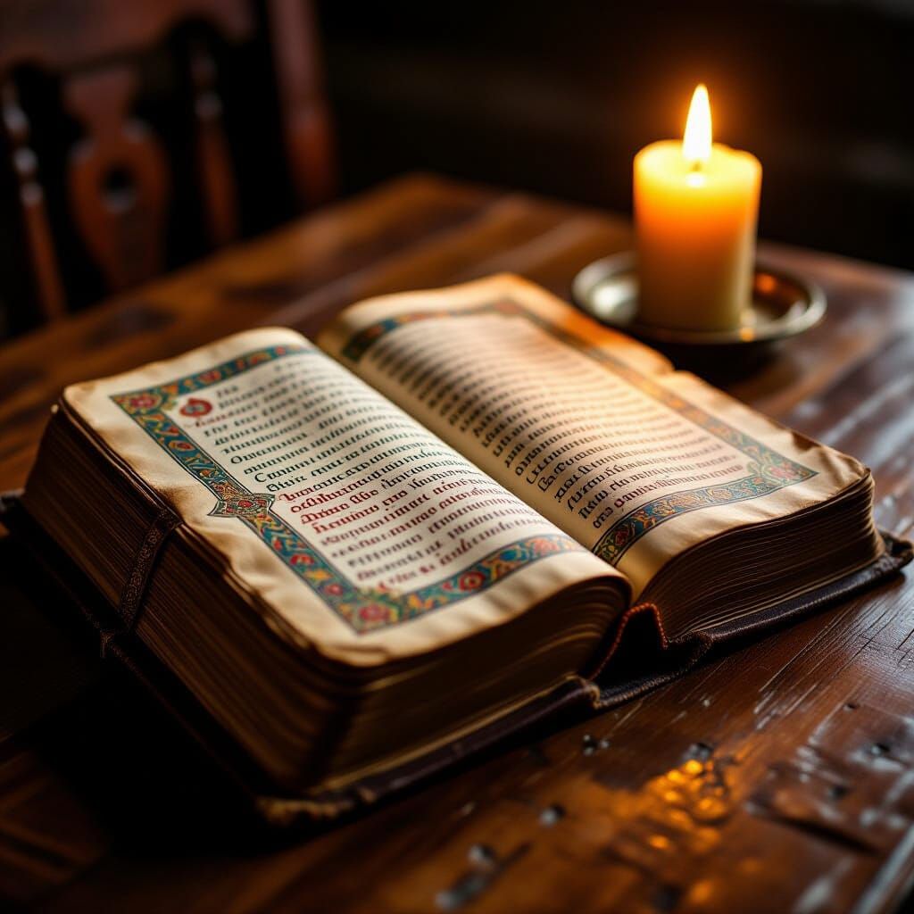 Ancient Prayer Book Illuminated Script Realistic Photography