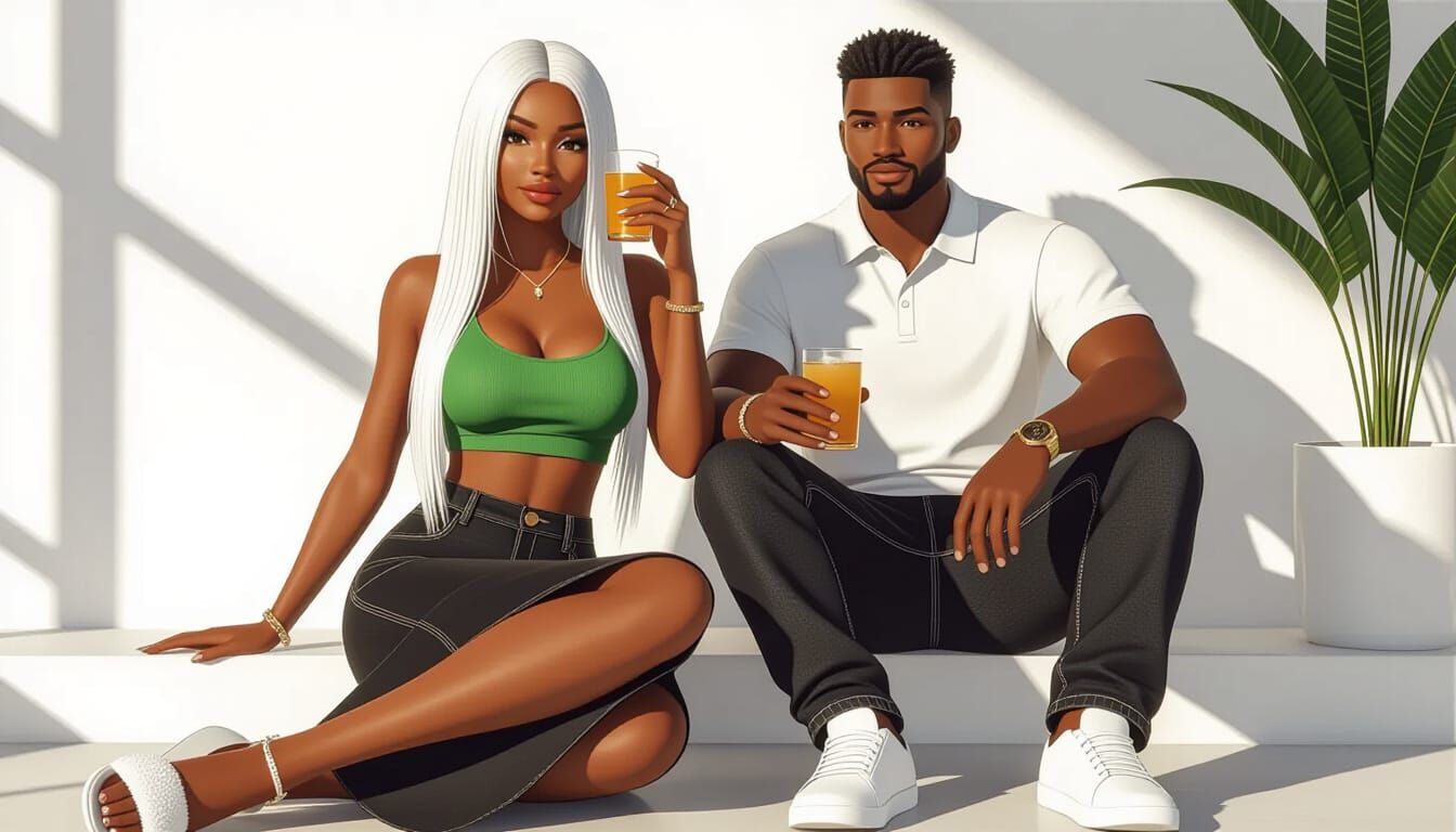 Realistic Animated Style African Couple with Drinks