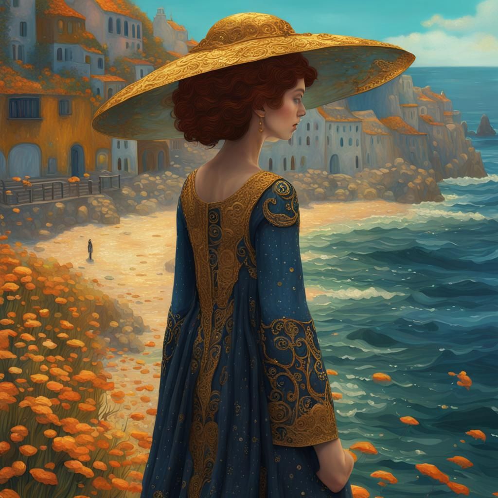 Girl by Sea in Klimt-Inspired Detailed Painting