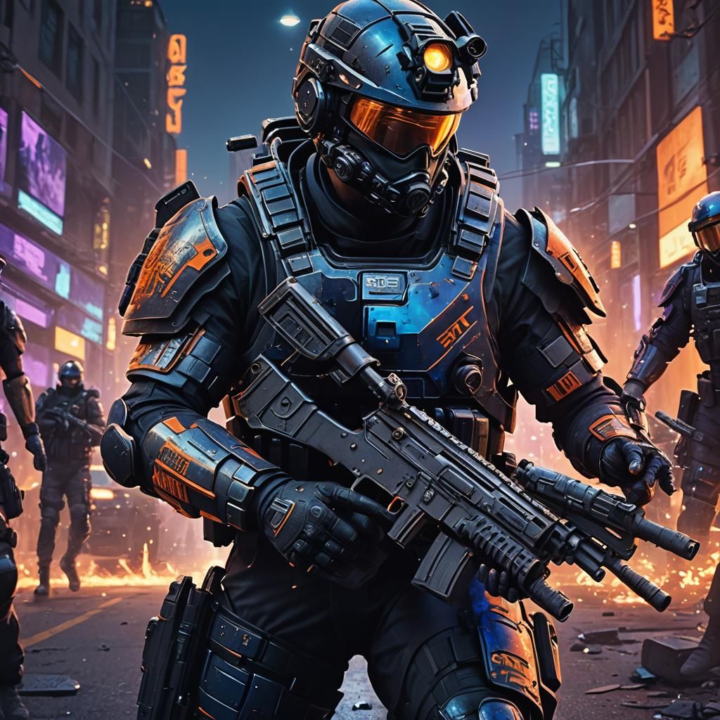 SWAT Team Member in Action with Neon Lighting