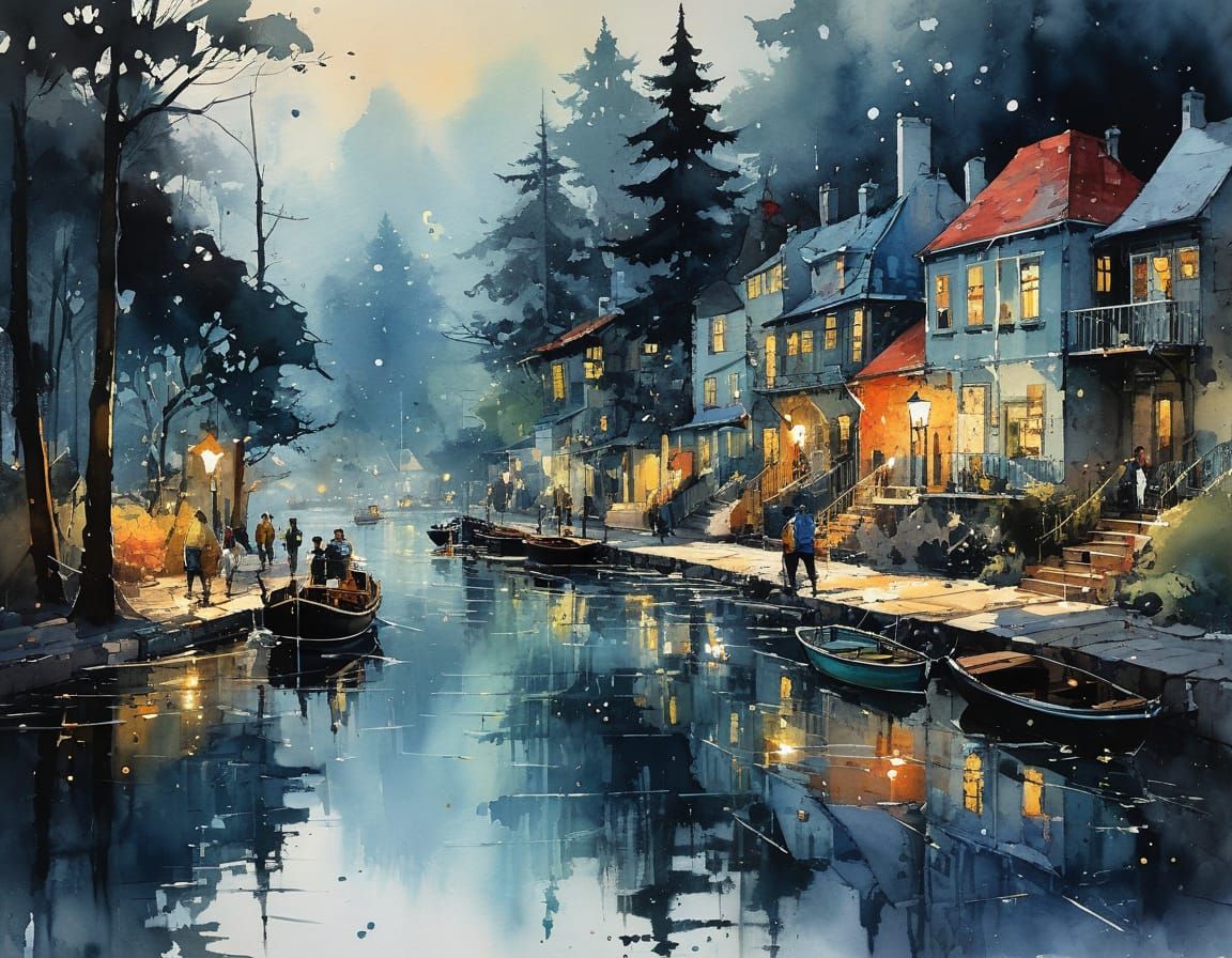 A serene landscape with old houses along a tranquil river