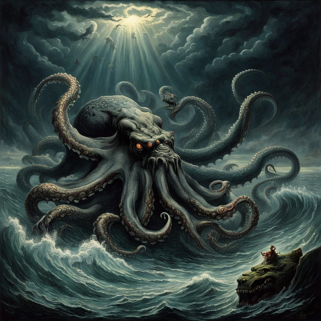 Mythical Sea Monster: Octopus-Dragon Hybrid in Dark Fantasy