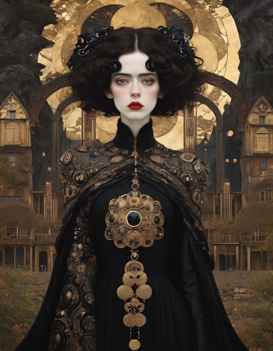 Goth Girl Portrait in Klimt & Schiele Style