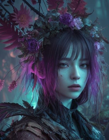 Grunge Oil Portrait with Bioluminescent Flora