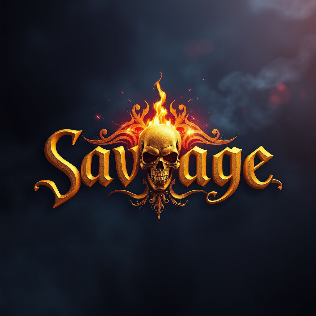 Golden Savage Logo with Flaming Skull Emblem