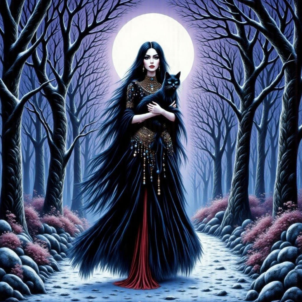 Gothic Woman in Whimsical Forest, Cradling a Black Cat