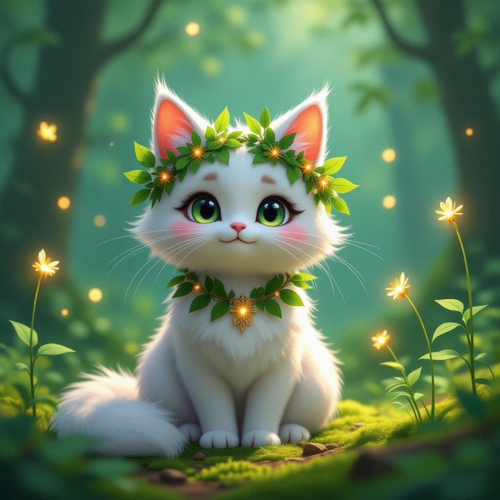 Surreal Feline Goddess in Whimsical Woodland Glade